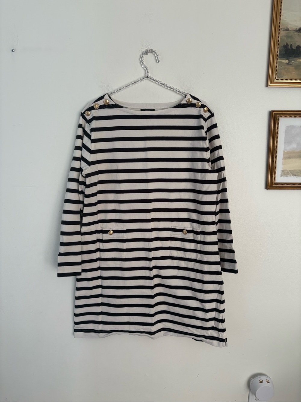 J. Crew Mariner Boat Neck Striped Black White Dress Gold Button Womens Large CC